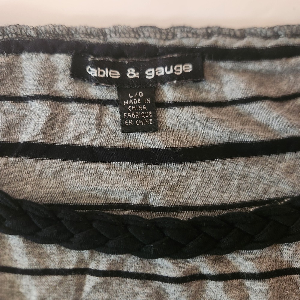Cable &‎ Gauge Womens Grey Black Striped Braided Neck Long Sleeve Top Large - Picture 3 of 5